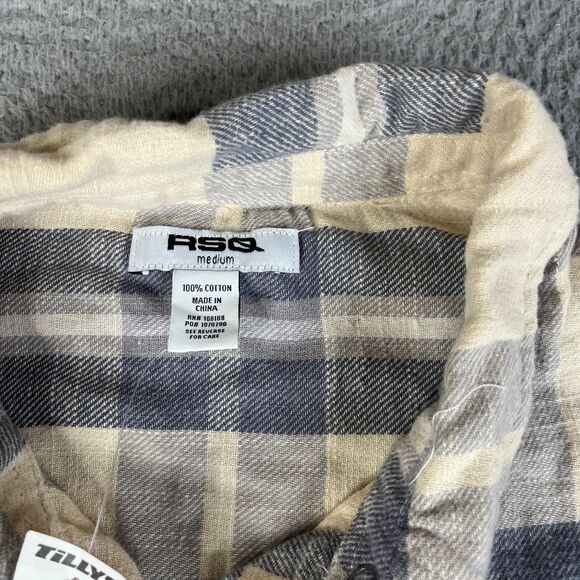 RSQ Tilly's Flannel Shirt Women M Gray Plaid Flannel 100% Cotton Pocket Raw Hem - Picture 5 of 10